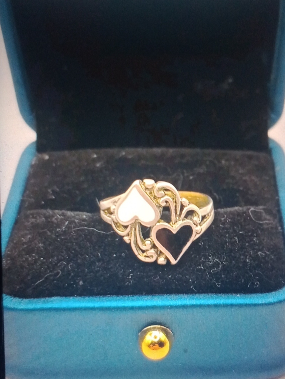 Sterling Silver Double Heart Accent Ring with White and Black Hearts